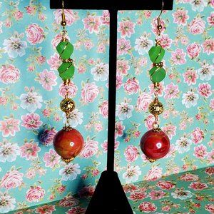 Dazzle's Limegreen, Pink, Gold, wire wrapped Earrings.